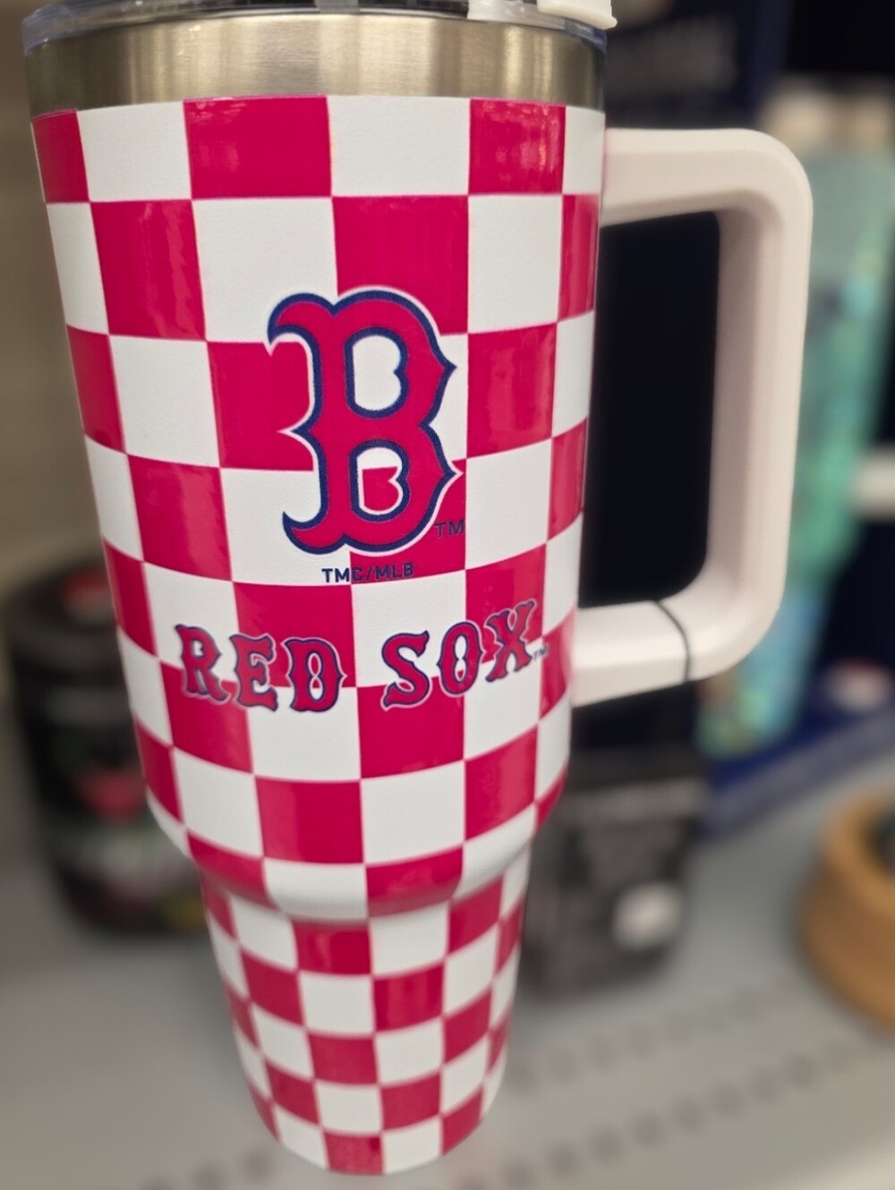 Boston Red Sox Checkered Insulated Travel Mug with Handle & Straw MLB Design